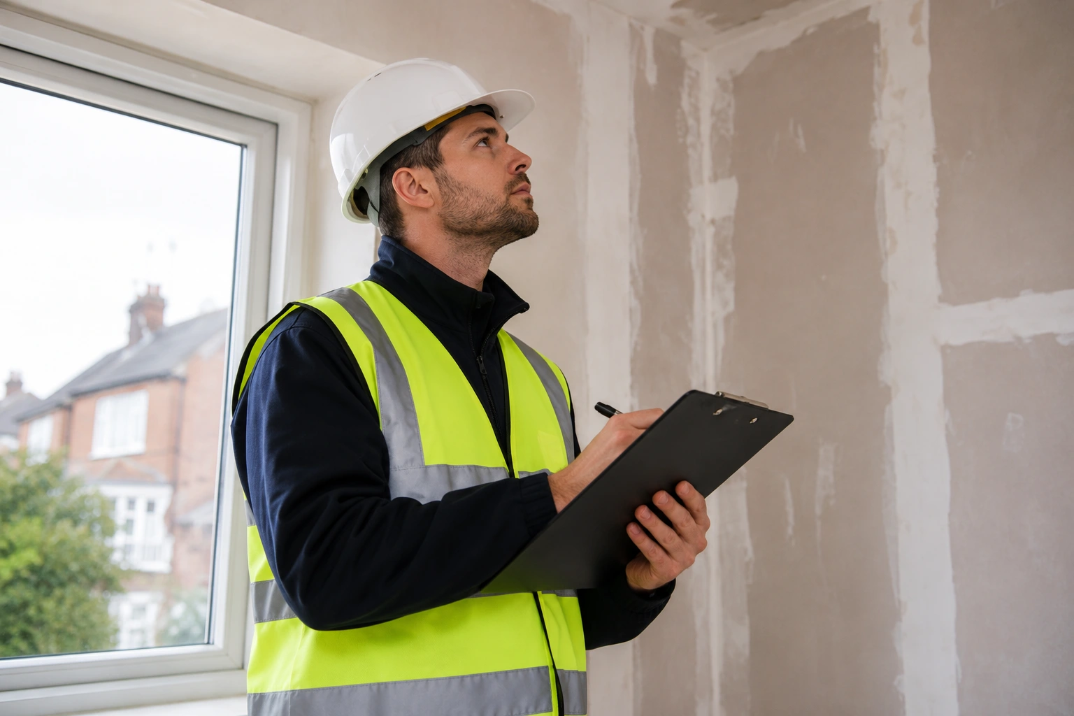 Croydon Asbestos surveyor in hi-vis vest inspecting the interior of a Croydon property and recording findings