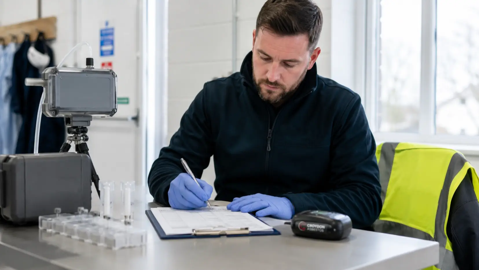 Asbestos analyst recording test results