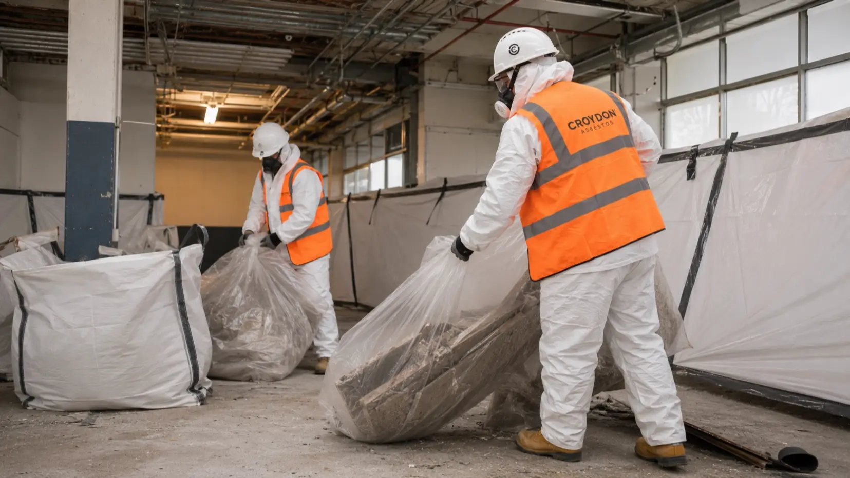 Operatives in hazmat suits bagging cement building waste inside an asbestos containment area.