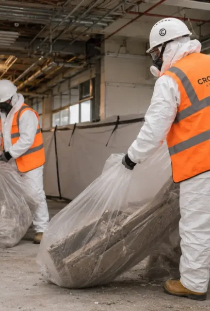 Operatives in hazmat suits bagging cement building waste inside an asbestos containment area.