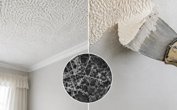 A detailed graphic demonstrating textured Artex ceiling coatings, the safe scraping removal process, and an overlapping microscopic view of toxic asbestos fibers.