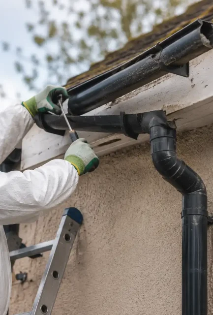 A UKATA-trained operative in full protective clothing and a respirator carefully dismantling old asbestos cement guttering and downpipe rainwater goods from a residential property roofline in Surrey.